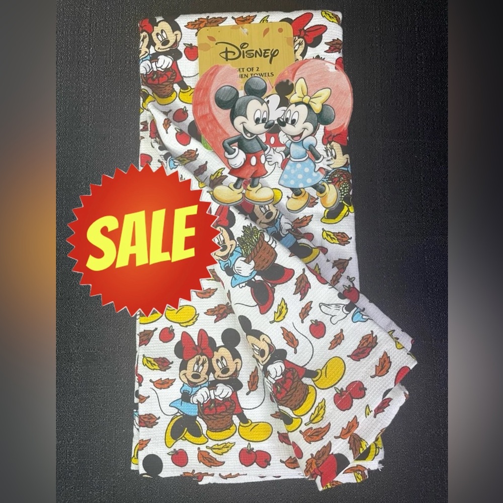 Mickey & Minnie Mouse Fall Autumn Kitchen Towel Set 2x Love Leaves Apples NWT